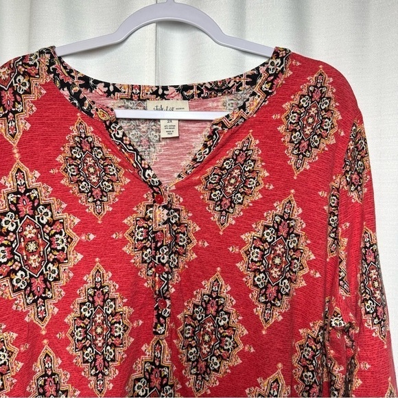 Style & Co Woman Blouse Top Plus 2X Boho Mixed Print Roll Tab Sleeves Red Hippie - Picture 2 of 10